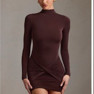 Ruched Backless Turtleneck Mini Dress